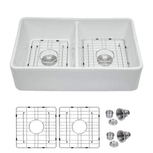 32 in. Farmhouse/Apron-Front Double Bowl 50/50 White Ceramic Kitchen Sink with Grid and Strainer