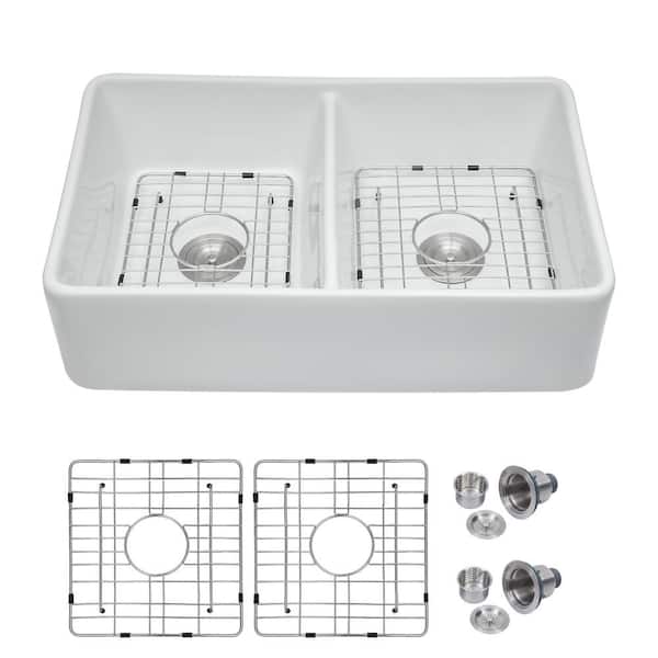 Logmey 32 in. Farmhouse/Apron-Front Double Bowl 50/50 White Ceramic Kitchen Sink with Grid and Strainer
