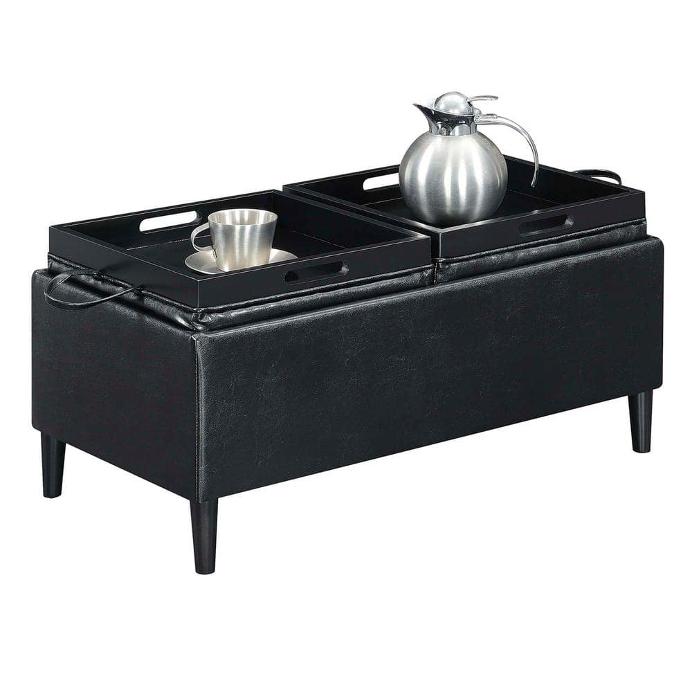 Black Faux Leather Storage Ottoman with Reversible Trays