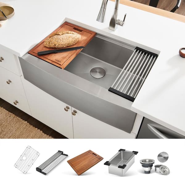 Verona 33 in. Apron-Front Farmhouse Single Bowl 16-Gauge Stainless Steel Workstation Kitchen Sink with Accessories