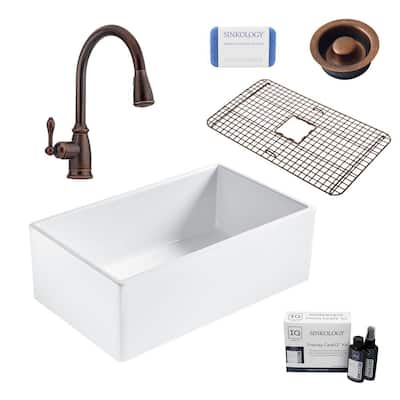 Bradstreet II All-in-One Farmhouse Fireclay 30 in. Single Bowl Kitchen Sink with Rustic Bronze Faucet and Disposal Drain