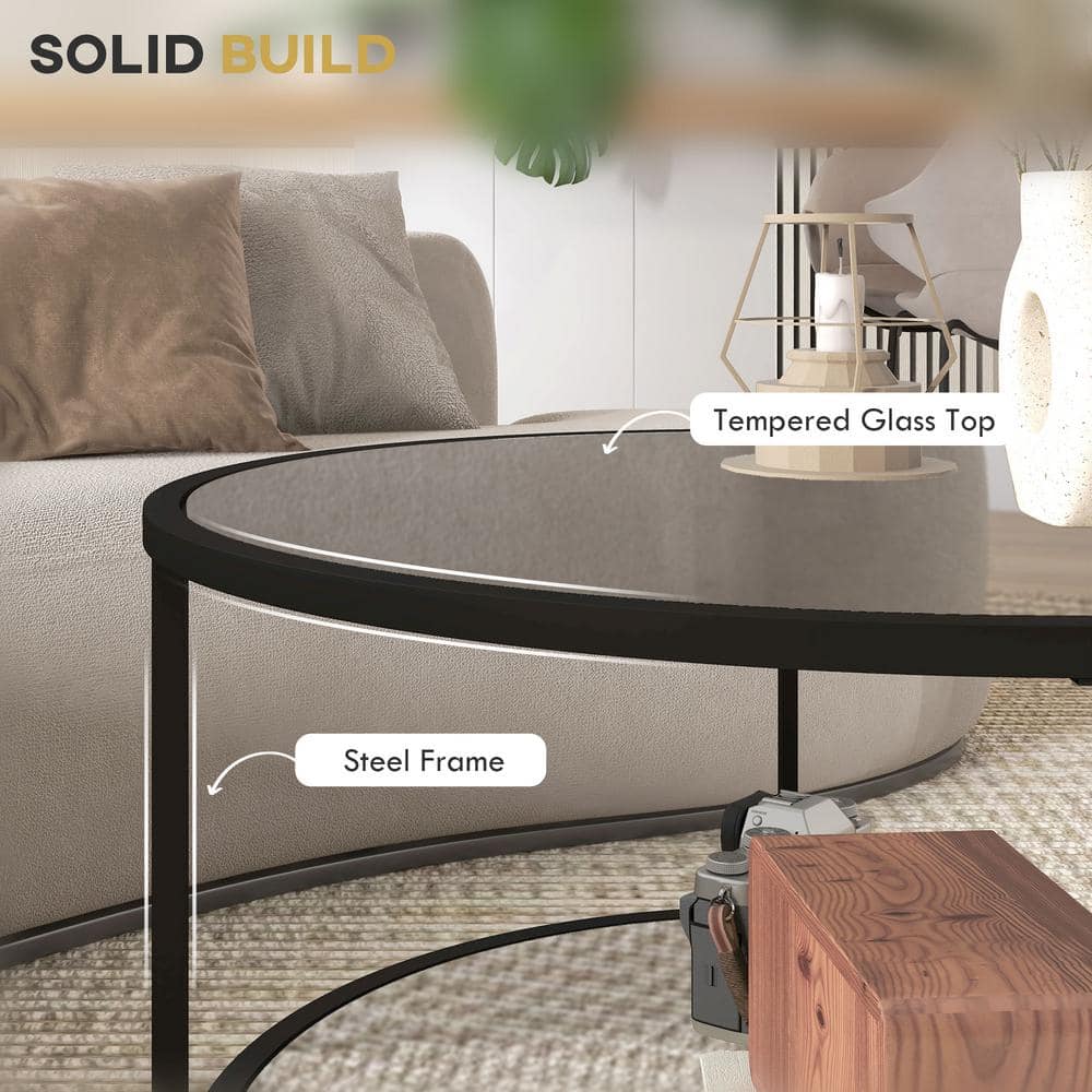 Black Round Metal Side Table with Tempered Glass Shelves