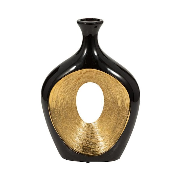 13 in. Black/Gold Ceramic Geometric Two-Tone Decorative Vase