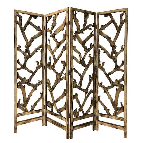 Benjara Brown 4-Panel Wooden Screen with Mulberry Alpine Like Branches Design