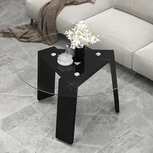 Gymax 29.5 in. Round Transparent and Black Tempered Glass Top Coffee Table Modern Accent Table w/ Transparent Tabletop