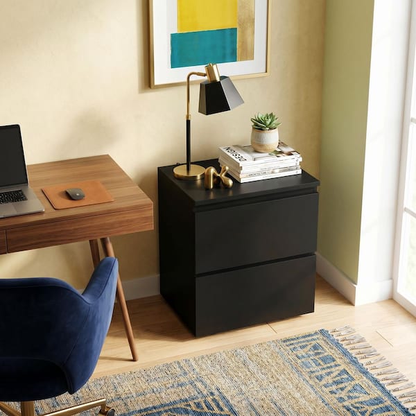FUFU&GAGA Black 2-Drawer Wood Grain Nightstands Side Table Bedside
