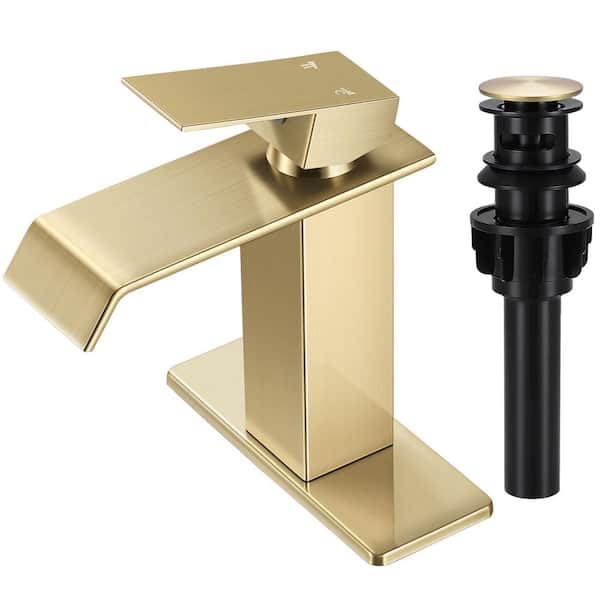 AKLFGN Waterfall Single Hole Single-Handle Low-Arc Bathroom Faucet in Brushed Gold