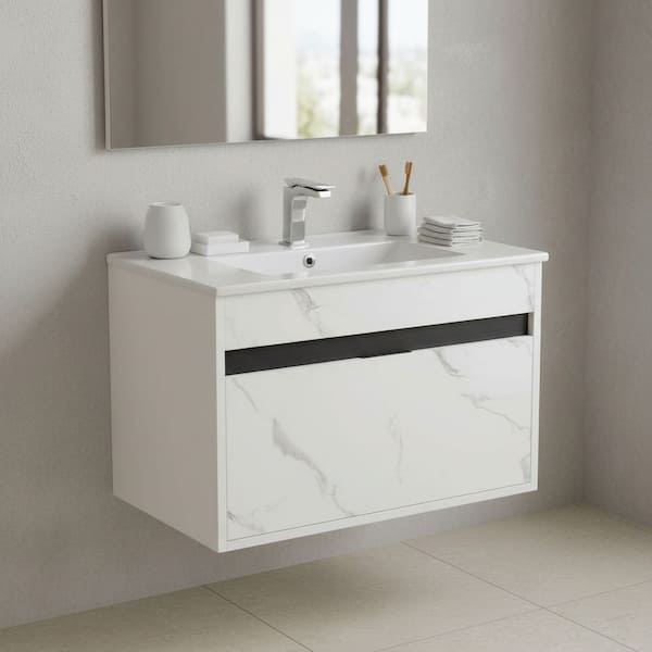 Alpine 30 in. W x 18.11 in. D x 19.75 in. H Bathroom Vanity Side Cabinet in White Marble with White Ceramic Top