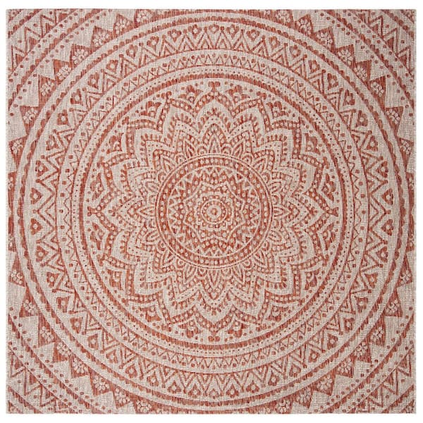SAFAVIEH Courtyard Light Beige/Terracotta 7 ft. x 7 ft. Square Geometric Indoor/Outdoor Patio  Area Rug
