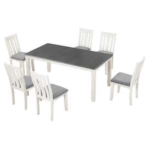 7-Piece Gray and White MDF Top Extendable Dining Set with 6 Upholstered Chairs and a Removable Leaf