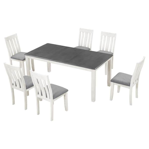 Nestfair 7-Piece Gray and White MDF Top Extendable Dining Set with 6 Upholstered Chairs and a Removable Leaf