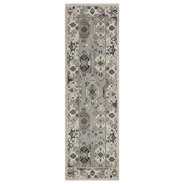 AVERLEY HOME Hunter Ivory/Blue 2 ft. x 8 ft. Persian Oriental Geometric Polyester Fringe-Edge Indoor Runner Area Rug