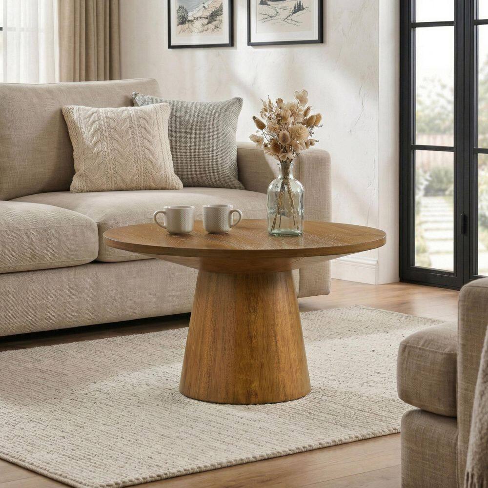Leander 29 in. Walnut Round Wood Coffee Table with Cone-Shaped Pedestal Base price history on PriceWatchPro
