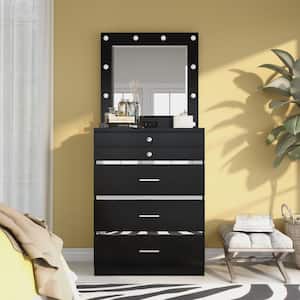 2 PC Solvang 5-Drawer High Gloss Black Chest of Drawers Set with Mirror (68.5 in H. x 29.5 in W. x 19 in D.)