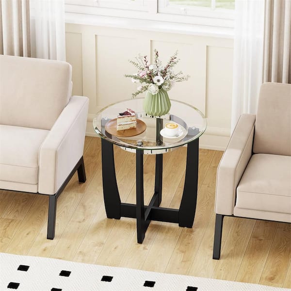Costway 1-Pieces 24 in. Black Round Glass End Table with Tempered