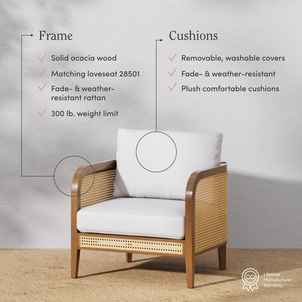 Twila Bohemian White Cushioned Patio Chair with Acacia Wood Frame