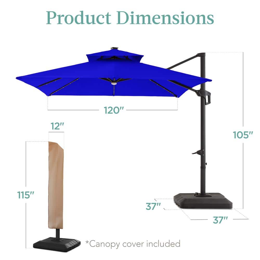 Resort Blue 10x10ft Solar LED Cantilever Patio Umbrella with Base
