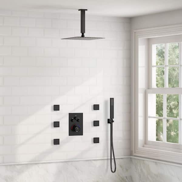 Multiple Press 7-Spray Ceiling Mount 12 in. Fixed and Handheld Shower Head 2.5 GPM in Matte Black