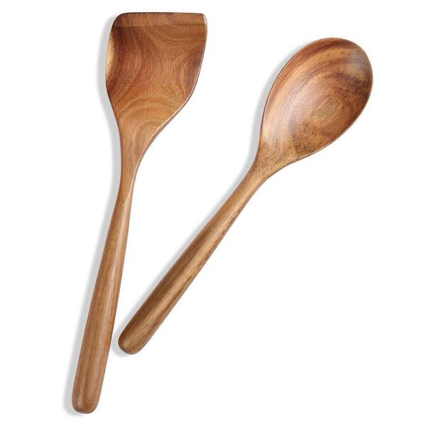 2-Piece Acacia Wood Nonstick Cooking Spoon and Spatula Set Natural Finish Thick Handle Kitchen Accessory Set