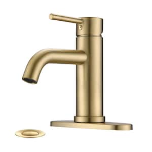 Karwors Single Hole Single Handle Bathroom Faucet with Pop-Up Sink Drain Stopper and Deck Plate in Brushed Gold
