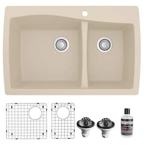 Bisque Quartz Composite 34 in. 60/40 Double Bowl Drop-In Kitchen Sink with Bottom Grids and Strainers