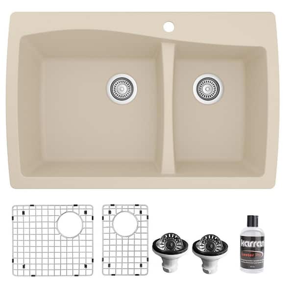 Karran Bisque Quartz Composite 34 in. 60/40 Double Bowl Drop-In Kitchen Sink with Bottom Grids and Strainers