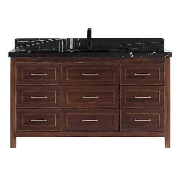 Luxury Ebony Series 60 in. 1 Freestanding Dark Brown Finish Bath Vanity with 2 in. Black Natural Marble Top Assembled