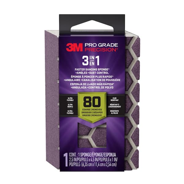 3M Pro Grade Precision 2.5 in x 4.5 in x 1 in, 80 Grit, Coarse, 3-in-1 Sanding Sponge