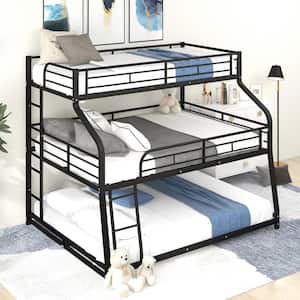 Black Twin XL/Full XL/Queen Triple Bunk Bed with Long and Short Ladder and Full-Length Guardrails