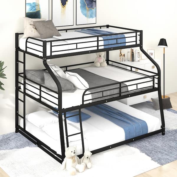 Polibi Black Twin XL/Full XL/Queen Triple Bunk Bed with Long and Short Ladder and Full-Length Guardrails