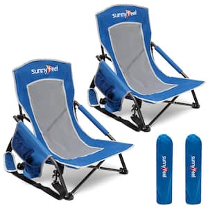 Outdoor Metal Frame Blue Folding Beach Chair with Side Pocket (Set of 2)