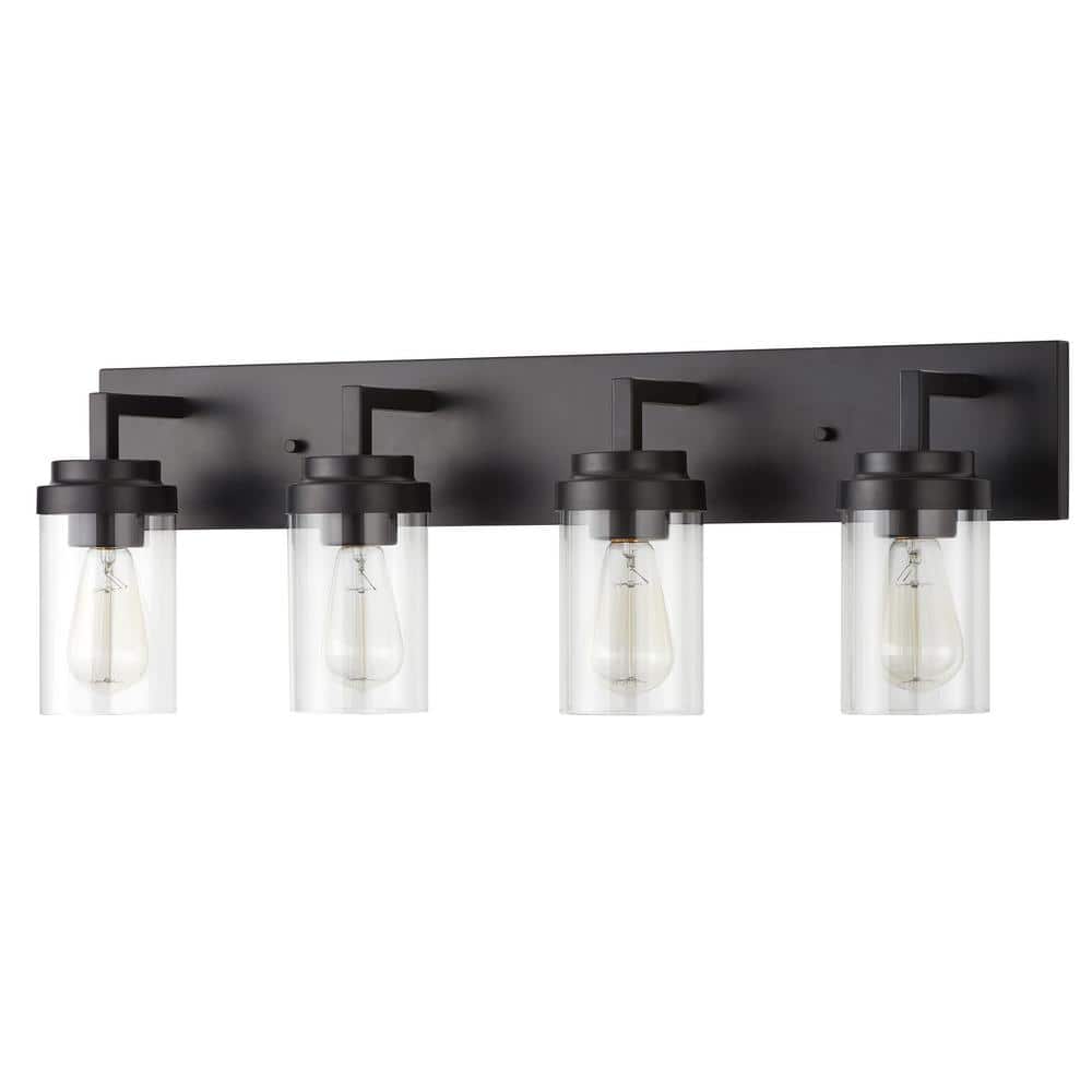 Black 4-Light Dimmable Cylinder Vanity Light with Glass Shades