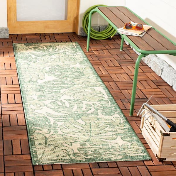Courtyard Beige/Green 2 ft. x 7 ft. Floral Indoor/Outdoor Patio  Runner Rug