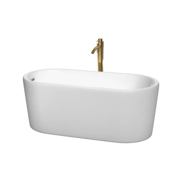 Wyndham Collection Ursula 59 in. Acrylic Flatbottom Bathtub in White with Polished Chrome Trim and Brushed Gold Faucet