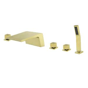 3-Handle Deck-Mount Roman Tub Faucet with Handheld Shower Brass 5-Hole Waterfall Bathtub Fillers in Brushed Gold