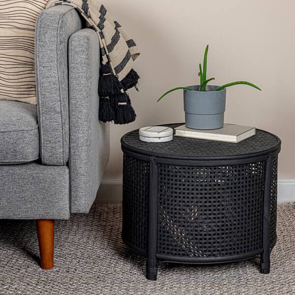 Creative Co op Round Bamboo and Rattan Accent Storage Table Black