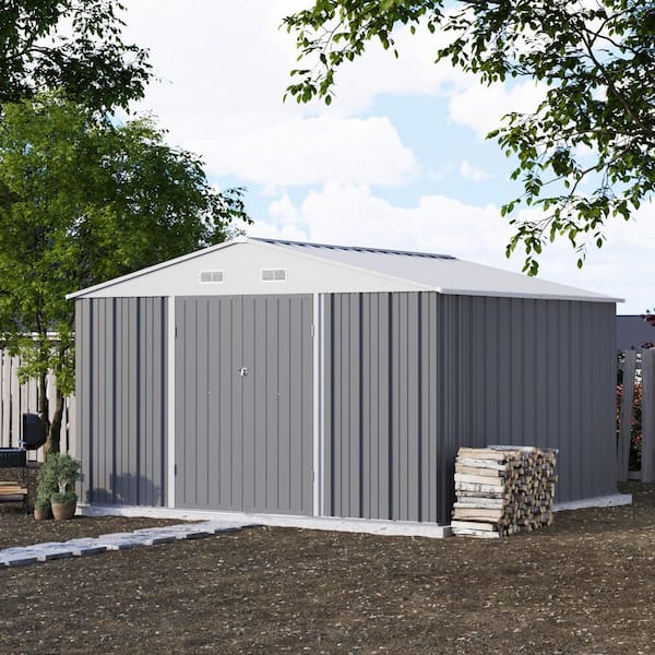 10 ft. W x 10 ft. D Galvanized Steel Storage Metal Shed with Sloping Roof, Grey (100 sq. ft.)