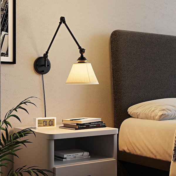 Black 1-Light Swing Arm Wall Sconce Modern Hardwired/Plug-In Wall Lamp Industrial Adjustable Wall Light for Bedroom