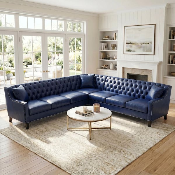 Riley Chesterfield Sofa 103.15 in. Faux Leather L-Shaped Sectional Sofa in Blue with Tufted Back, Nailhead Trim
