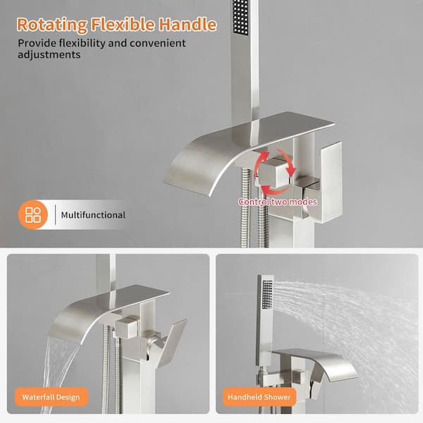 Single-Handle Freestanding Tub Faucet with Hand Shower Brass Waterfall Floor Mount Tub Filler in Brushed Nickel