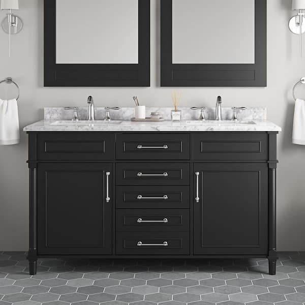 Aberdeen 60 in. Double Sink Black Bath Vanity with Carrara Marble Top (Assembled)
