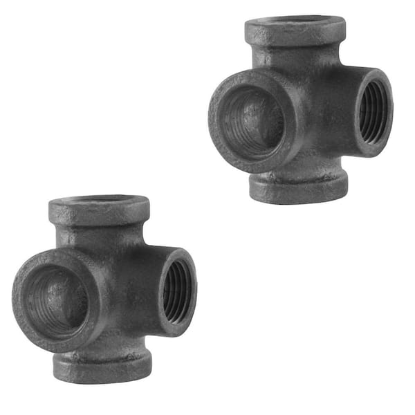 STZ Pipe Decor 1/2 in. 4-Way Black Iron Pipe Side Outlet Tee (2 ...