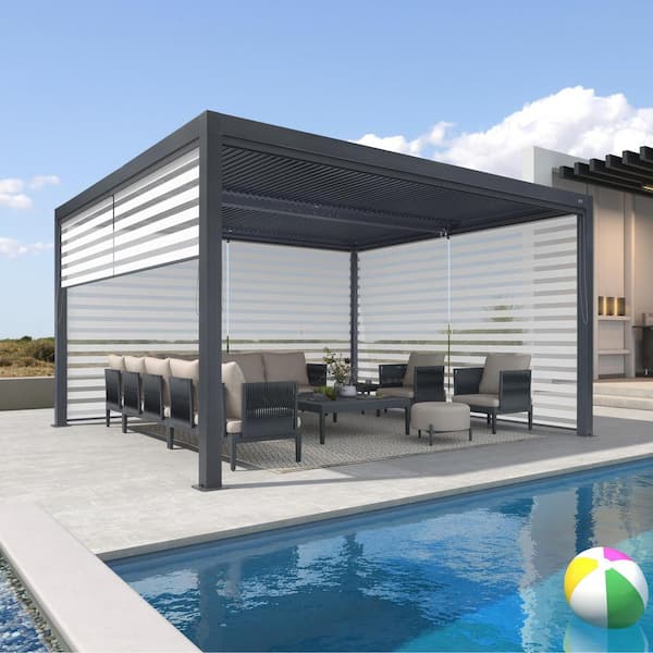 PURPLE LEAF 12 ft. x 14 ft. Gray Aluminum Louvered Pergola with Adjustable Sunshade Roofs and 1-Long 2-Short Side Roller Shade