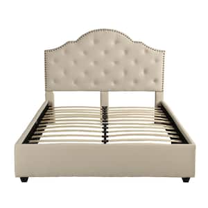 Cordeaux Queen-Size Beige Fully Upholstered Bed Frame with Button Tufting and Nailhead Accents