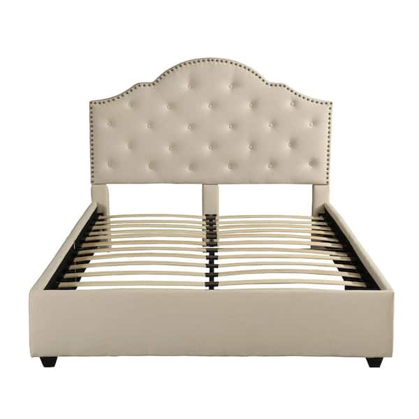Noble House Cordeaux Queen-Size Beige Fully Upholstered Bed Frame with Button Tufting and Nailhead Accents