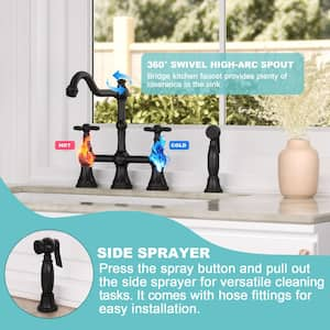 Solid Brass Kitchen Faucet with Side Sprayer- 2 Cross Handles, Matte Black