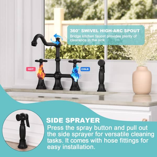 Solid Brass Kitchen Faucet with Side Sprayer- 2 Cross Handles, Matte Black