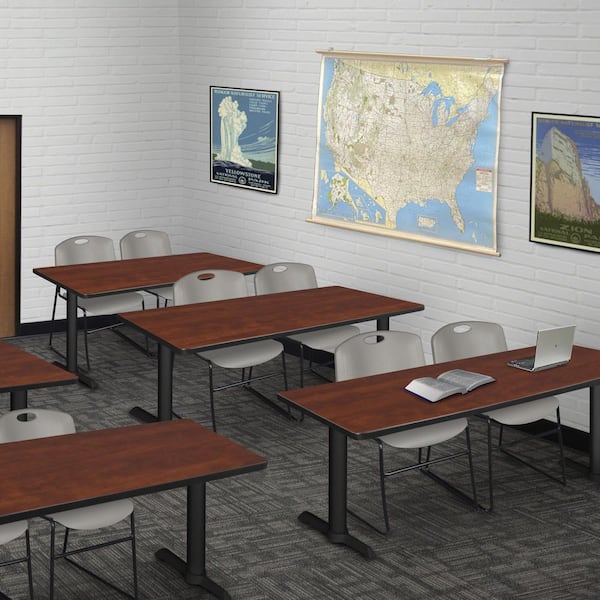 Cain 72 in x 24 in. Cherry T-Base Training Seminar Table Desk and 2 Zeng Stack Chairs-Grey