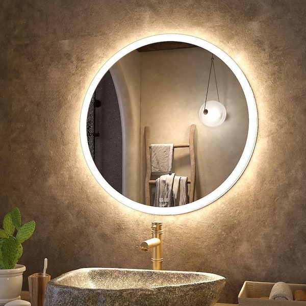 KWW 28 in. W x 28 in. H Large Round Frameless Anti-Fog Wall Bathroom Vanity Mirror in Silver