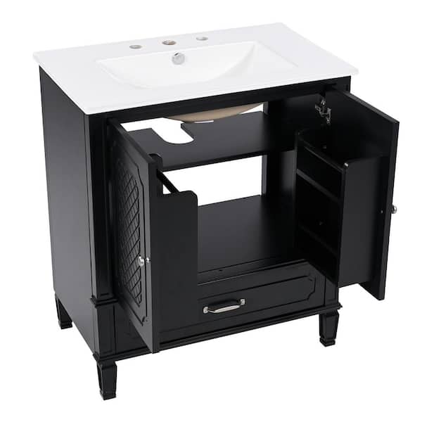 30.1 in. W x 18.5 in. D x 34.1 in. H Single Sink Freestanding Bath Vanity in Black with White Ceramic Top